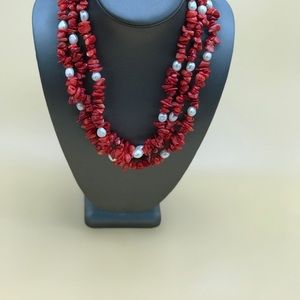 Red Coral Nuggets & Freshwater Pearl Necklace.